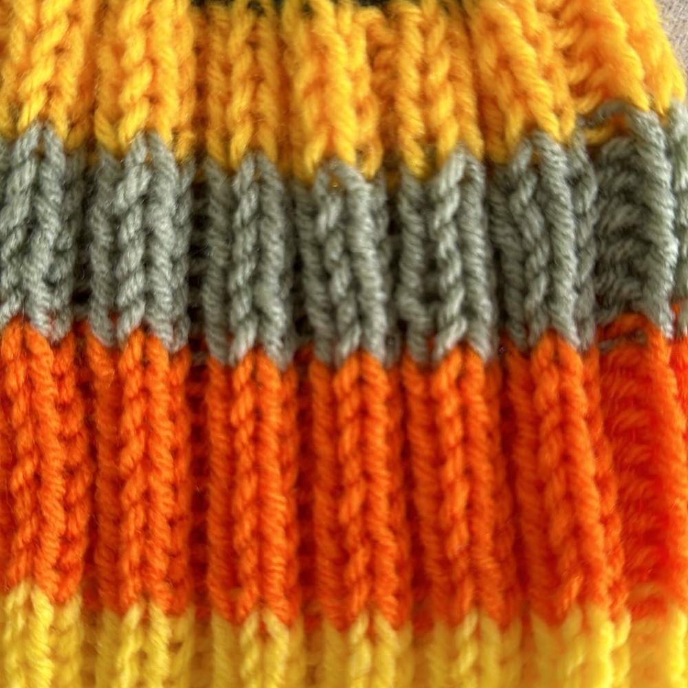 Hand-knit striped beanie in yellow, orange, sage and blue - Picture 2 of 2